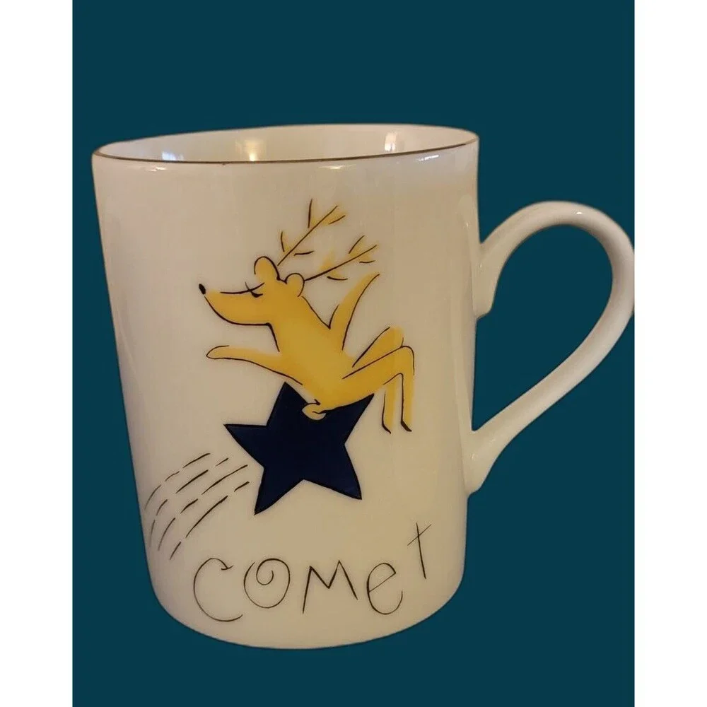 Set Of 4 Pottery Barn Reindeer Coffee Mugs Comet Cupid Donner Blitzen